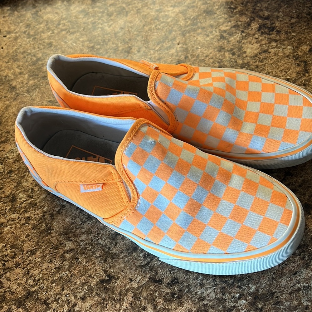 Vans Orange & White Checkered Slip Ons